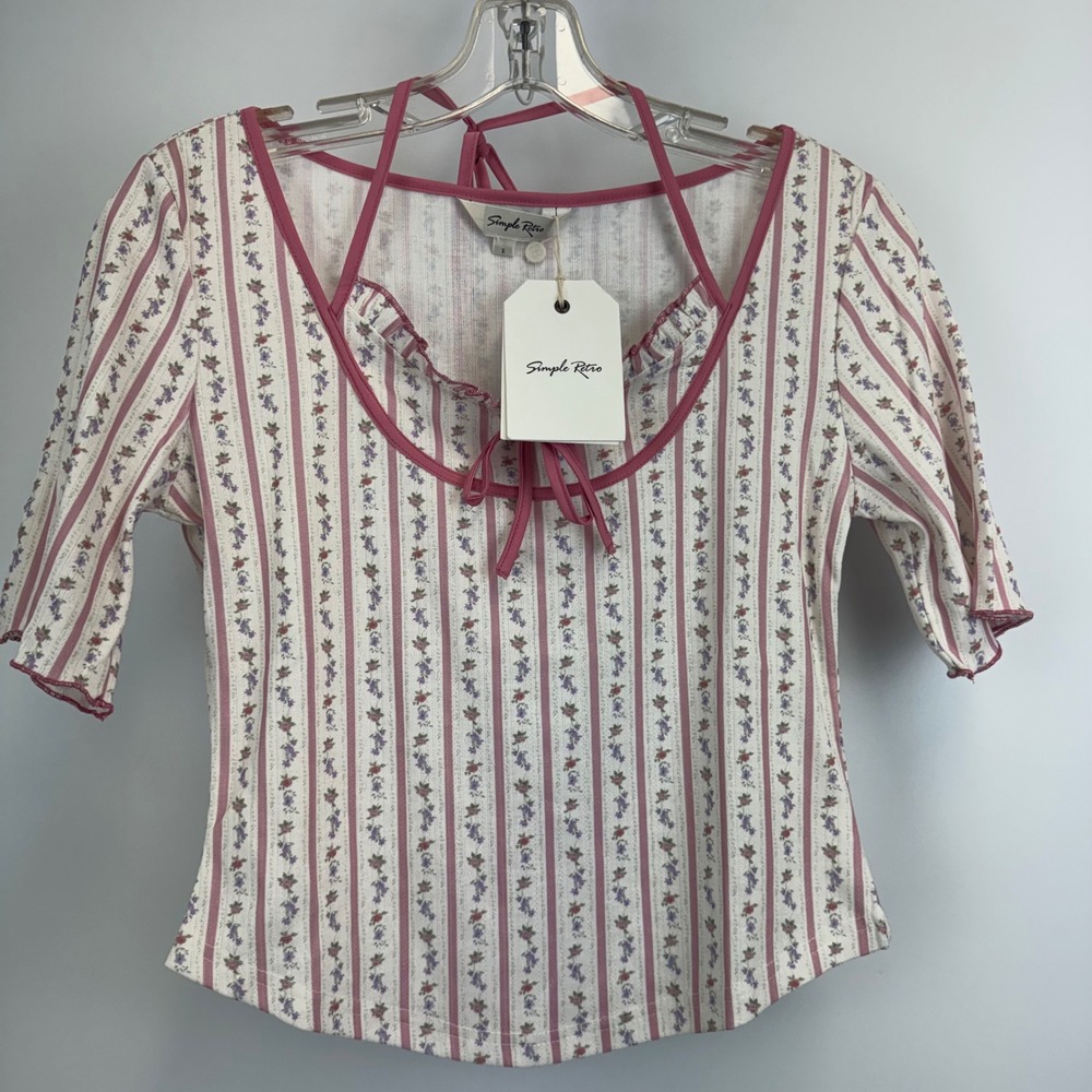 Simple Retro Women Pink Floral Stripe Ruffle Tie Neck Top Short Sleeve Small NWT